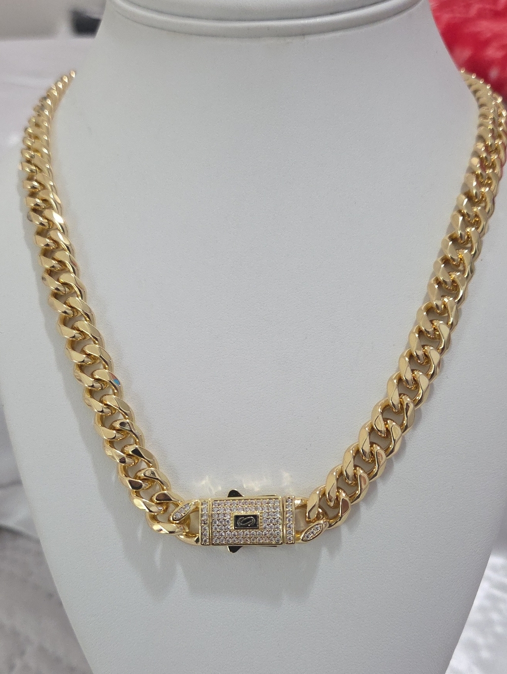 Gold Cuban Link Chain Necklace with Pave Clasp